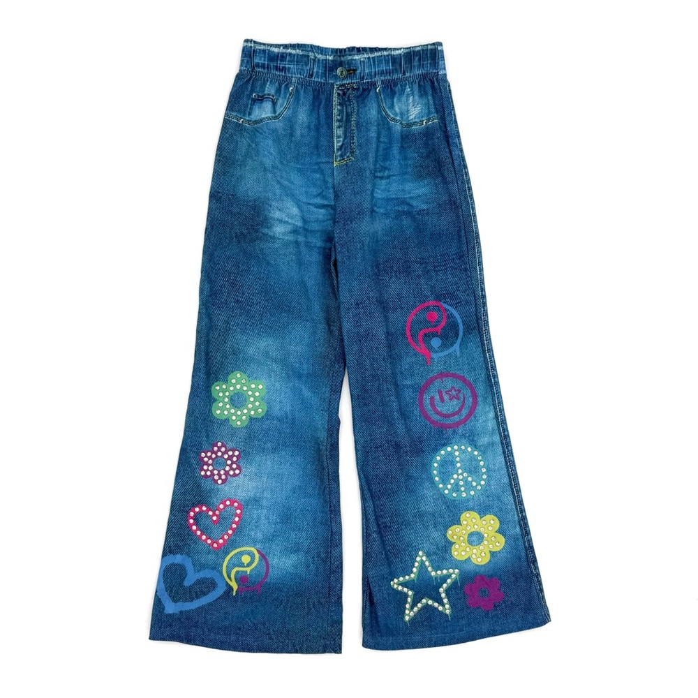 VGUC Baby Sara By Sara Sara Daisy Heart Peace Faux Denim Jean Pant in Blue 5